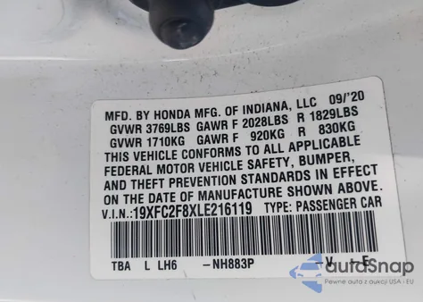 2020 Honda Civic Sport z USA, uszkodzony, nr VIN 19XFC2F8XLE216119